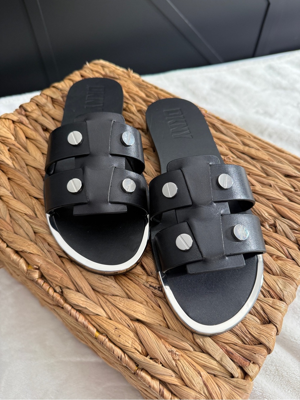 DKNY Glynn Black Leather Studded Slide Sandals
